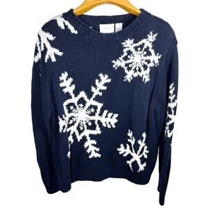 LIZ CLAIBORNE Snowflake Sweater Size XL Navy Blue Cotton Chunky Holiday Winter